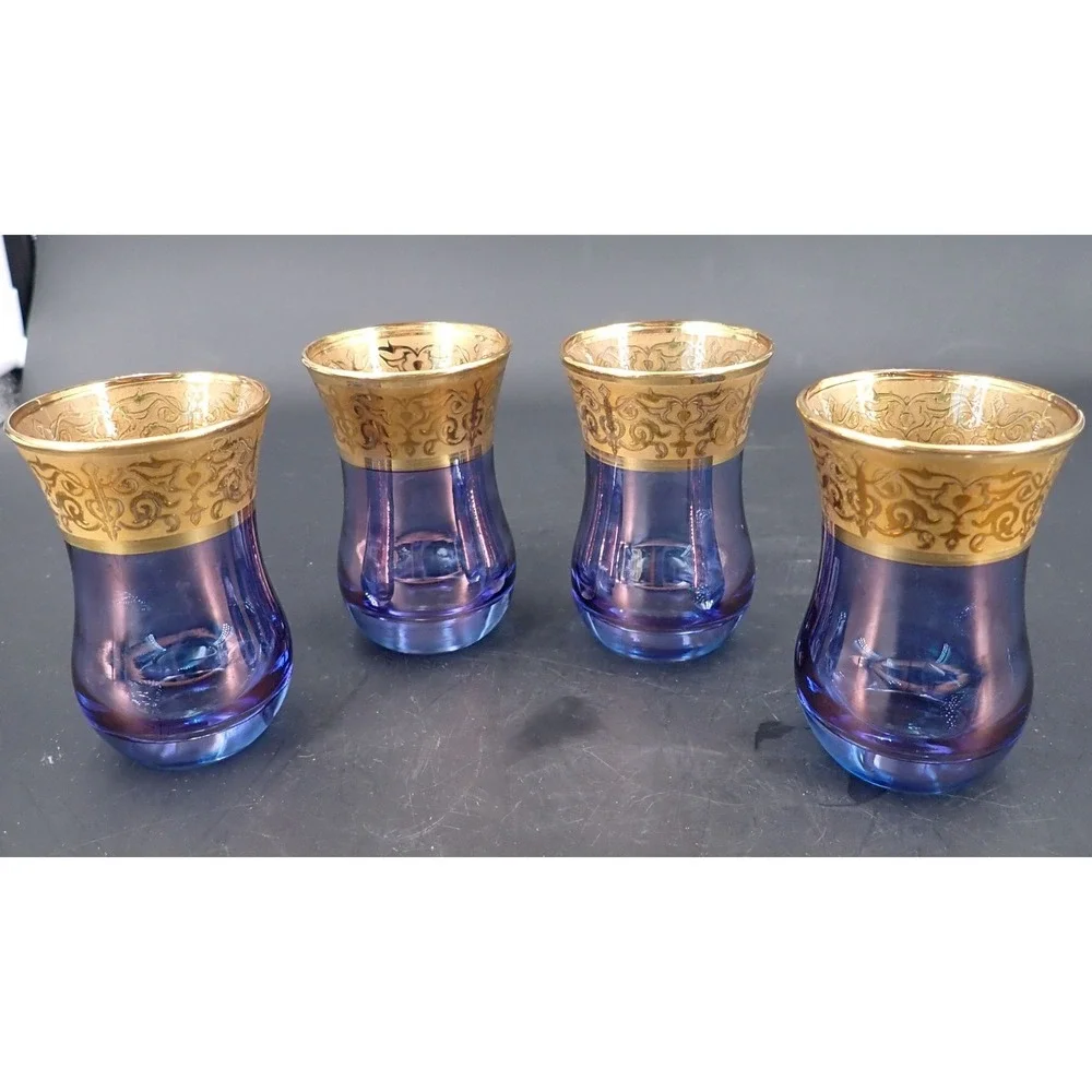 Vintage Bohemia Cordial Glasses Light Blue Purple Iridescent Heavy Gold Gild